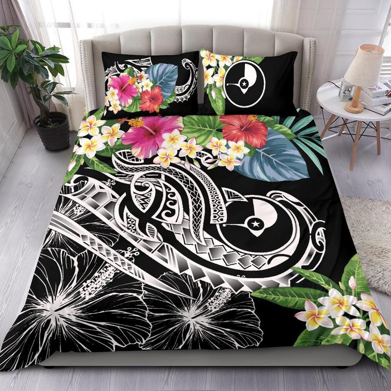 Yap Polynesian Bedding Set - Summer Plumeria (Black) 1