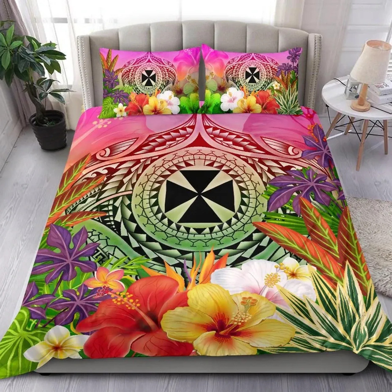 Wallis And Futuna Polynesian Bedding Set - Manta Ray Tropical Flowers 1