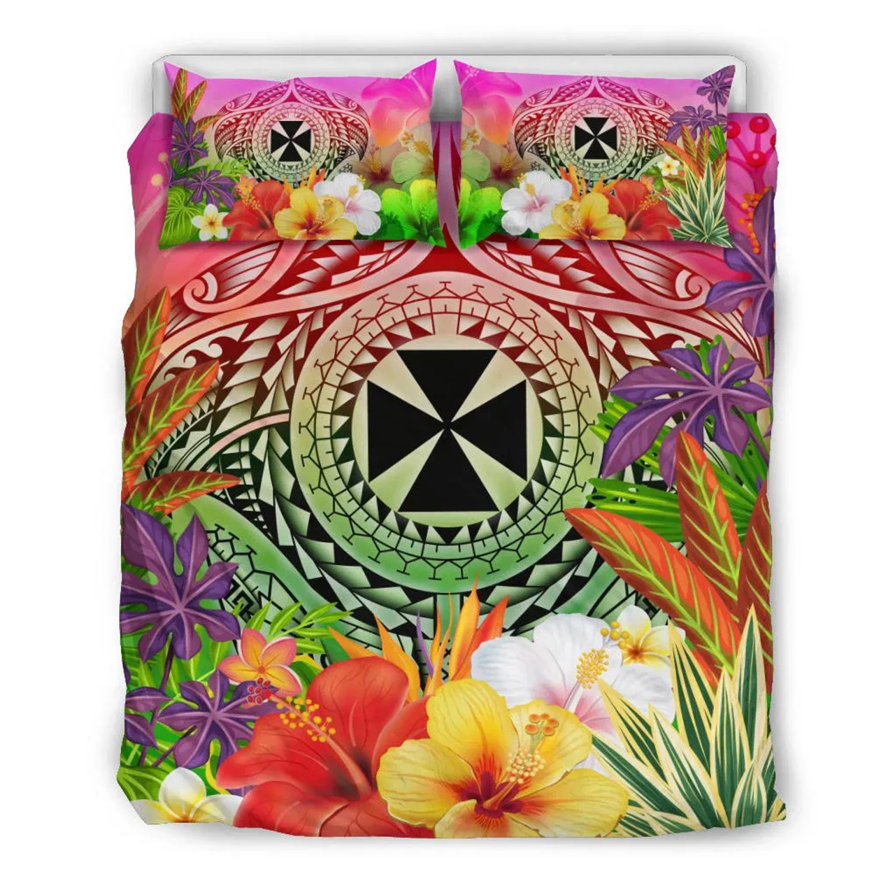 Wallis And Futuna Polynesian Bedding Set - Manta Ray Tropical Flowers 3