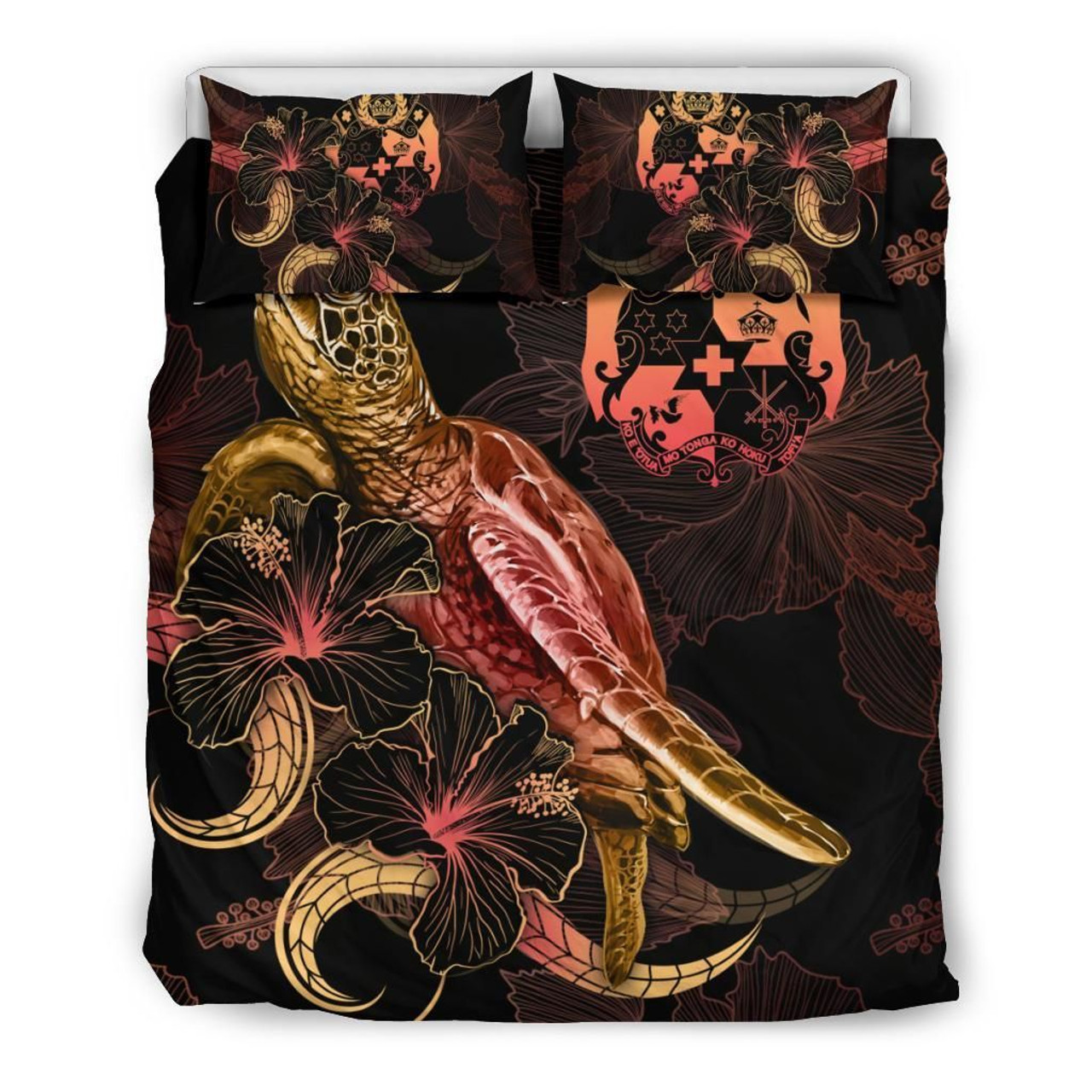 Cook Islands Polynesian Bedding Set - Turtle With Blooming Hibiscus Gold 4