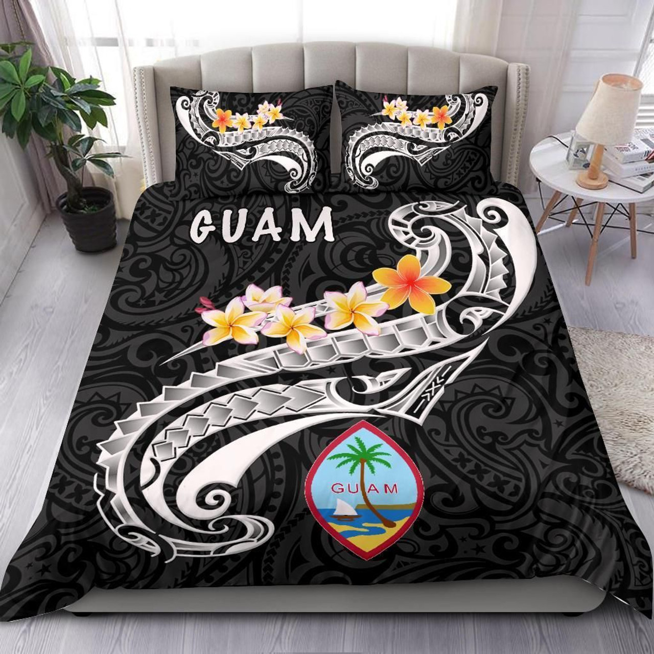 Guam Bedding Set - Guam Seal Polynesian Patterns Plumeria (Black) 1