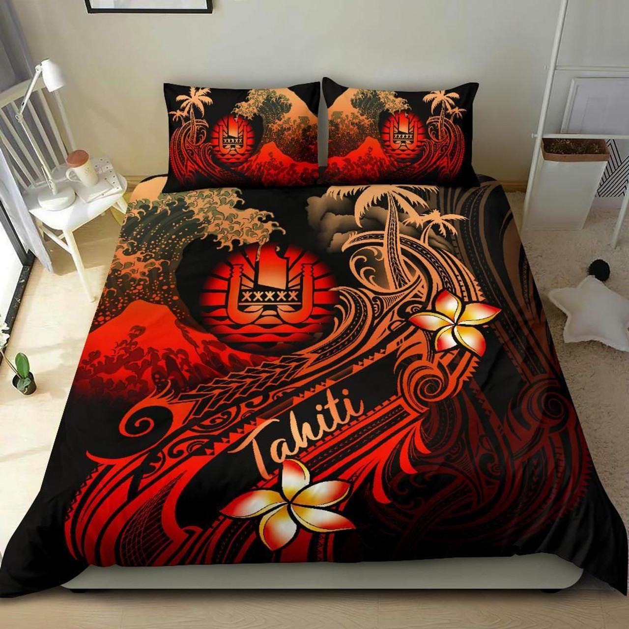 Tahiti Polynesian Bedding Set - Plumeria Flowers And Waves 2