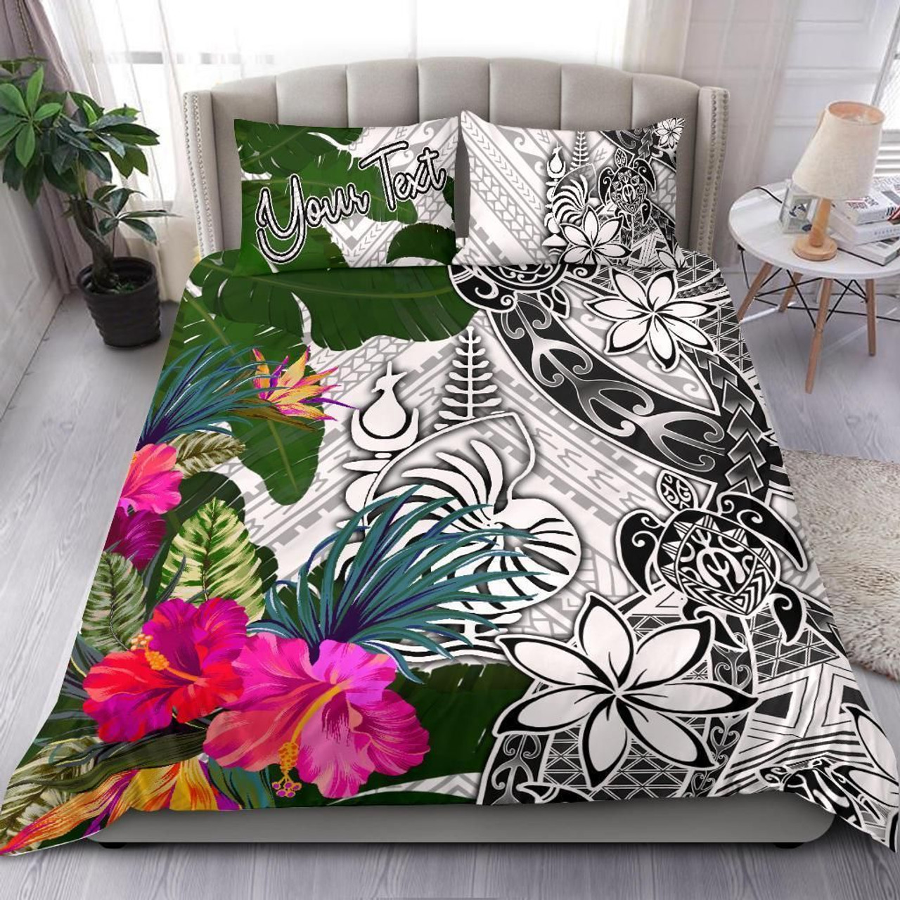 New Caledonia Custom Personalised Bedding Set White - Turle Plumeria Banana Leaf Crest 1