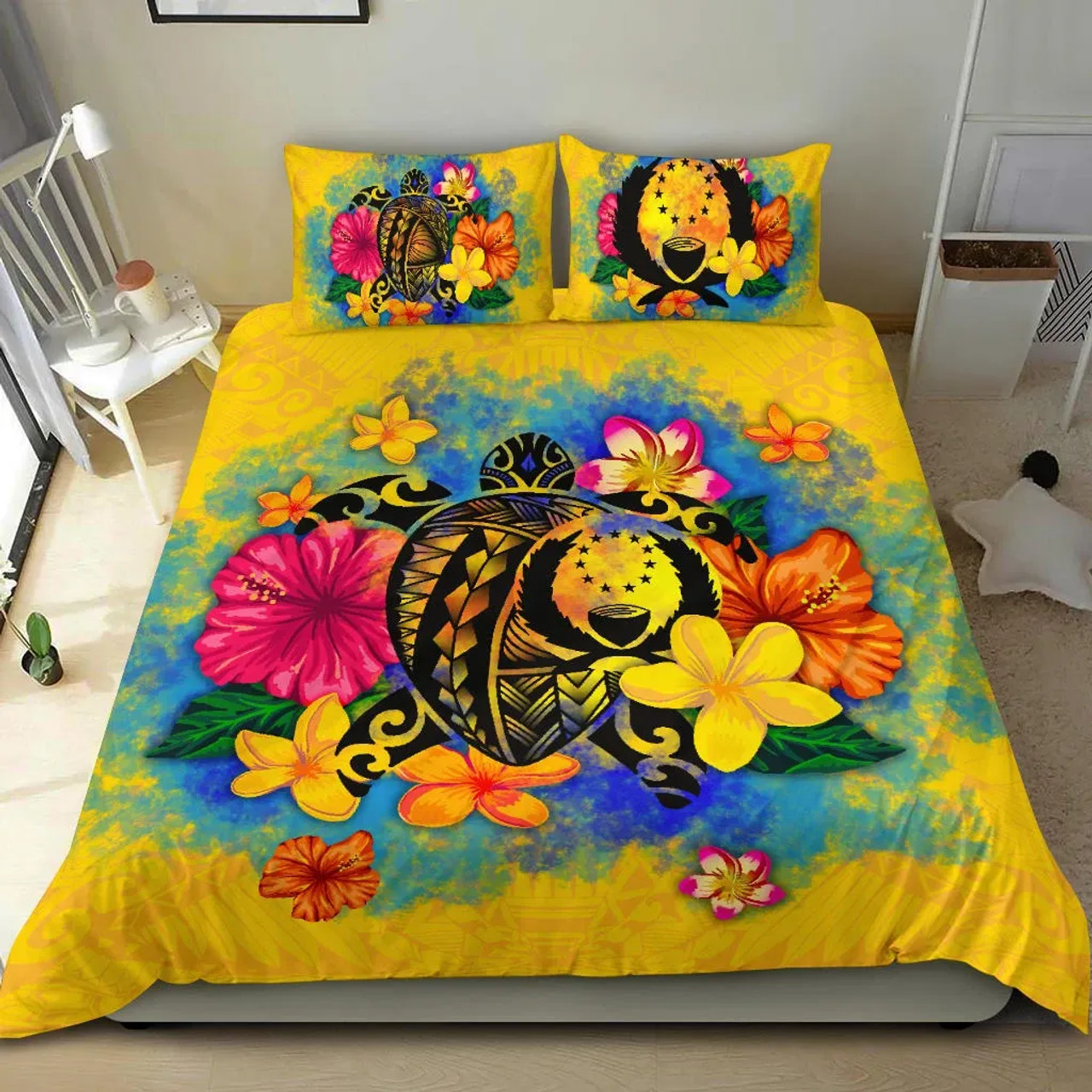 Pohnpei Polynesian Bedding Set - Turtle With Plumeria And Hibiscus 1