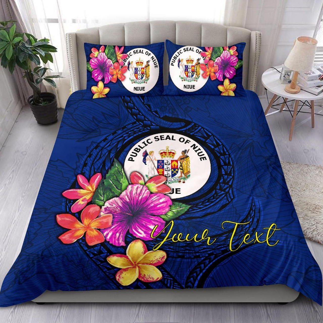 Polynesian Custom Personalised Bedding Set - Niue Duvet Cover Set Floral With Seal Blue 1