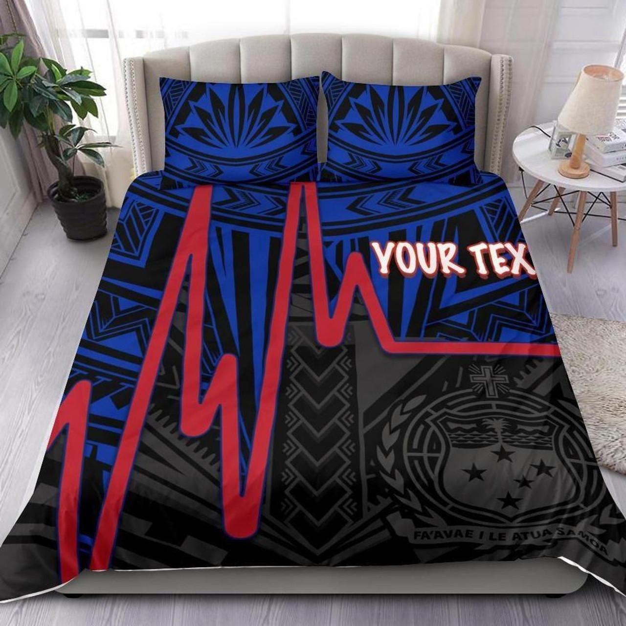 Samoa Personalised Bedding Set - Samoa Seal With Polynesian Patterns In Heartbeat Style (Blue) 1