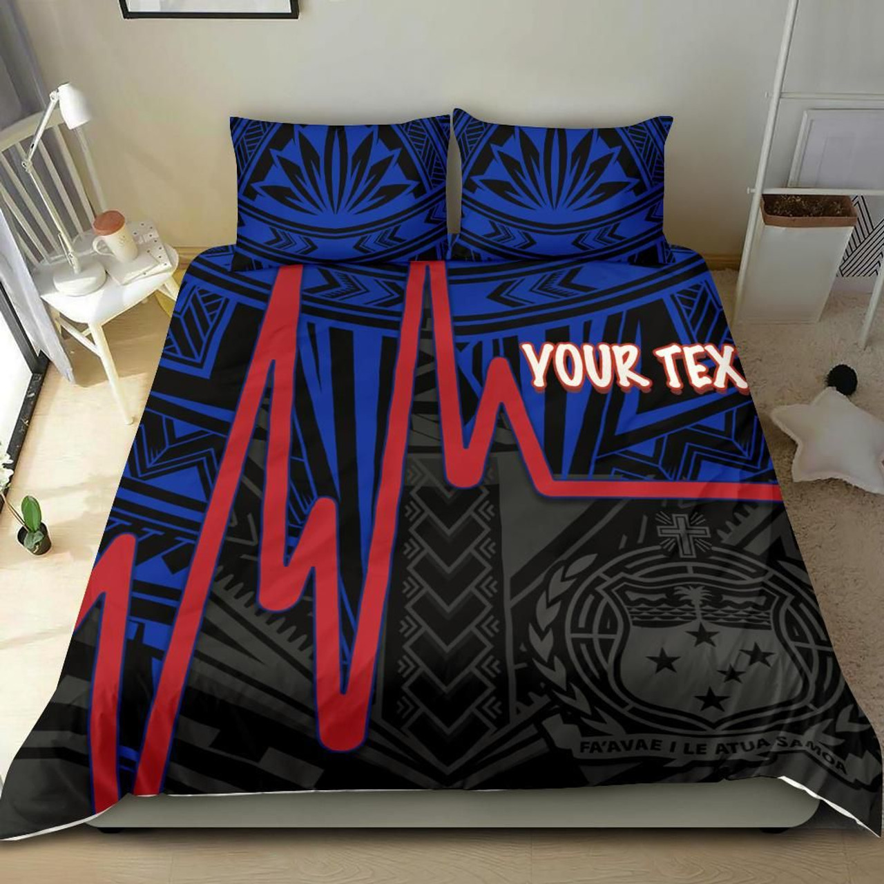 Samoa Personalised Bedding Set - Samoa Seal With Polynesian Patterns In Heartbeat Style (Blue) 2