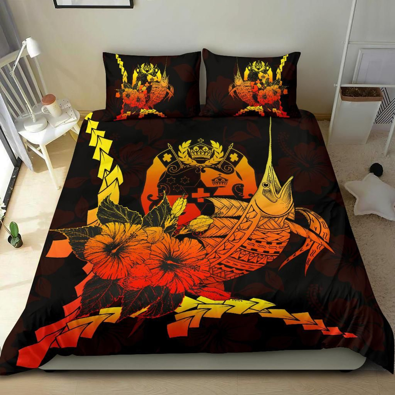 Tonga Polynesian Bedding Set - Swordfish With Hibiscus 2