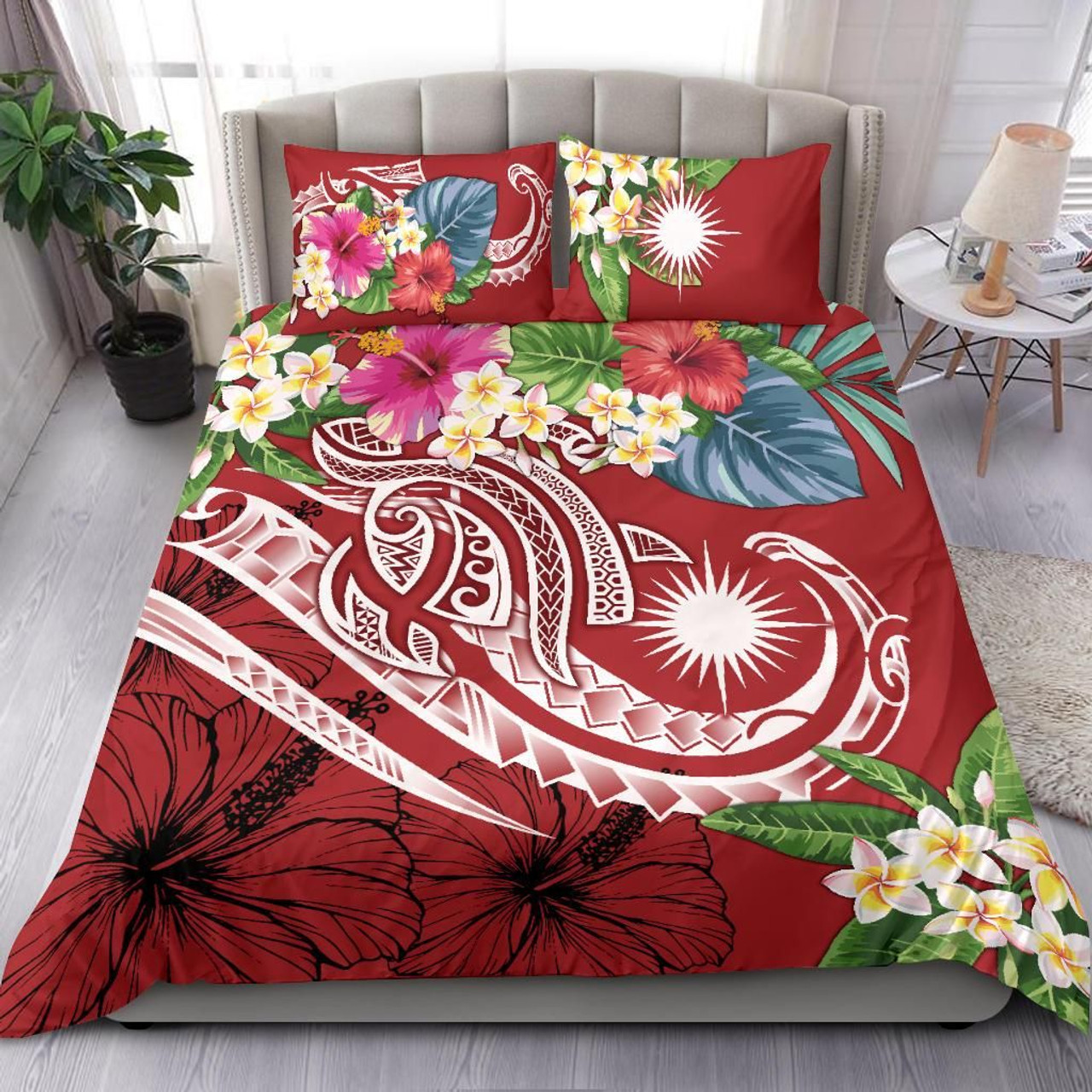 Marshall Islands Polynesian Bedding Set - Summer Plumeria (Red) 1