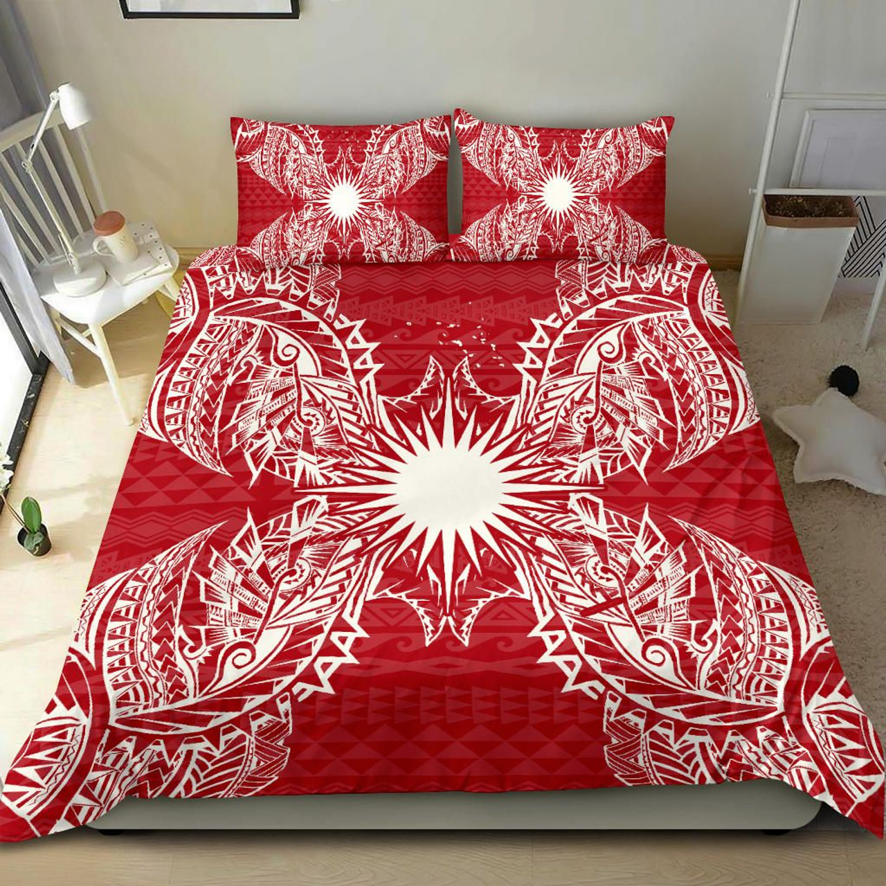 Polynesian Bedding Set - Marshall Islands Duvet Cover Set Map Red White 2