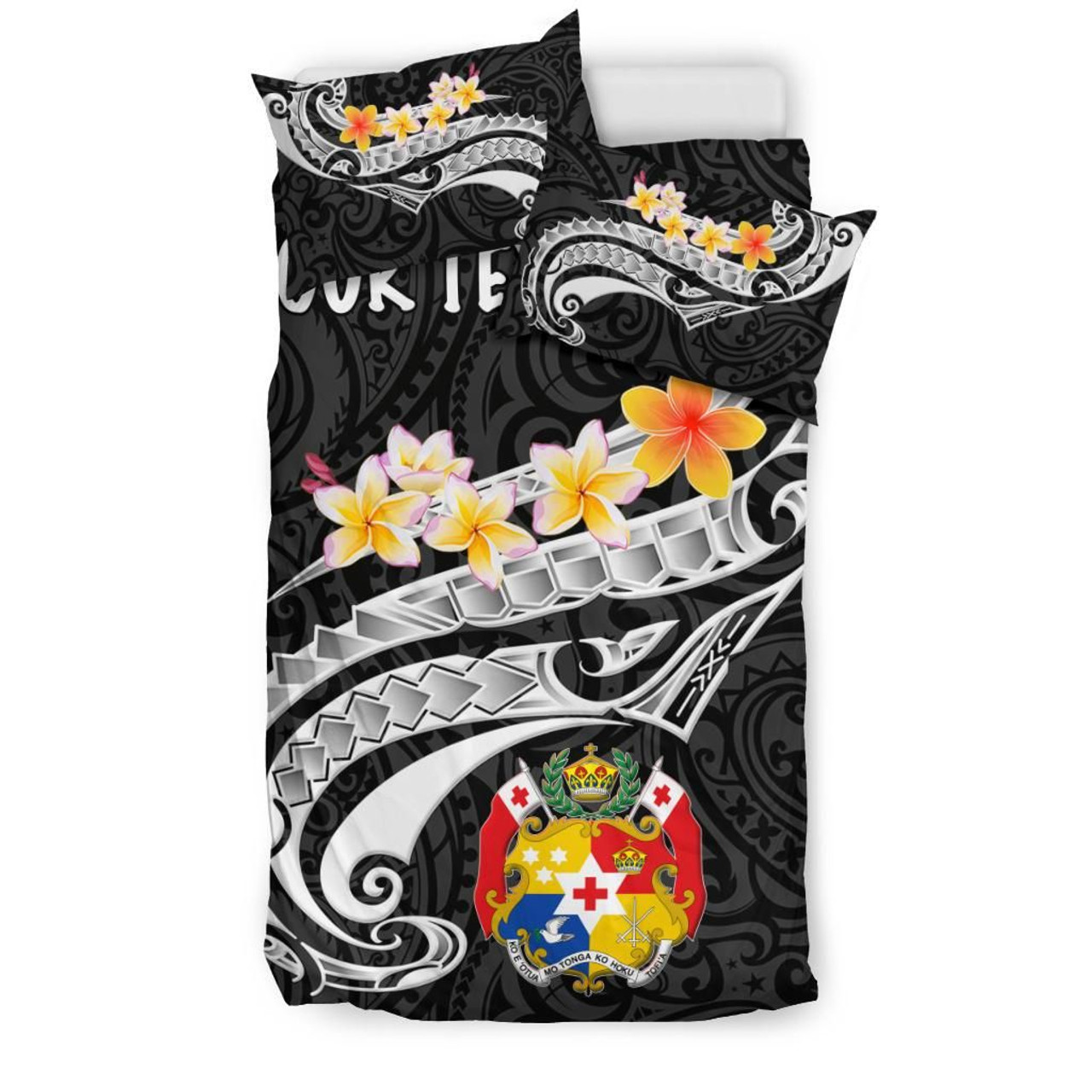 Tonga Custom Personalised Bedding Set - Tonga Seal Polynesian Patterns Plumeria (Black) 2