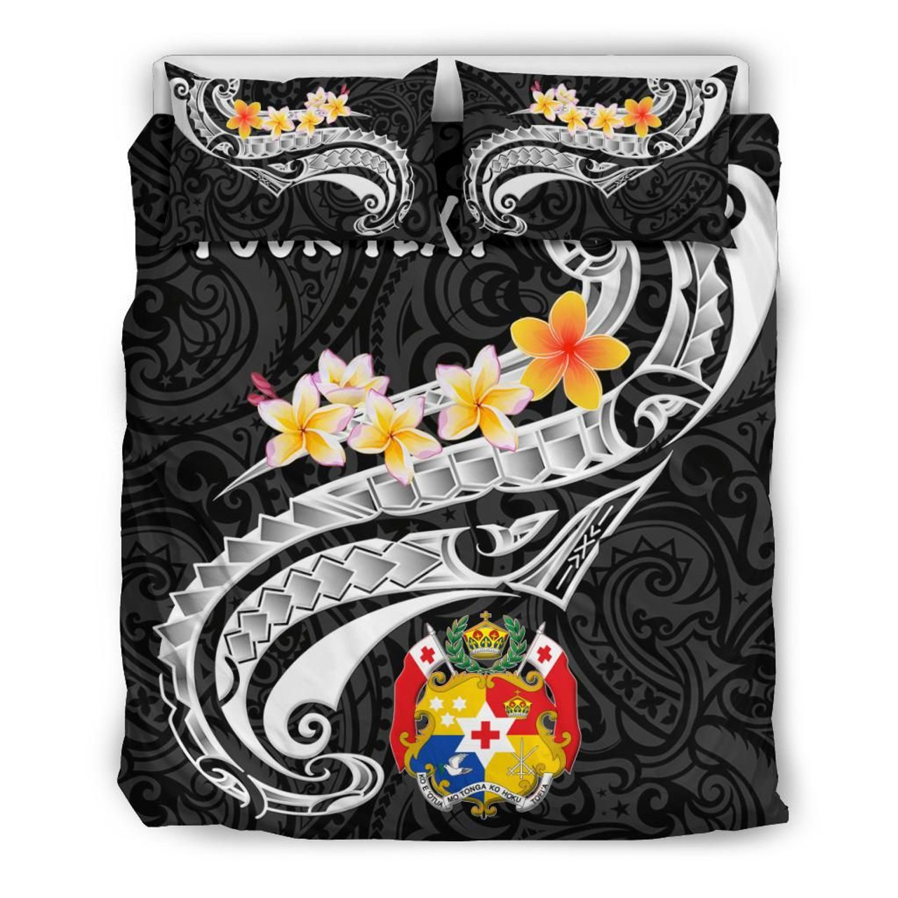 Tonga Custom Personalised Bedding Set - Tonga Seal Polynesian Patterns Plumeria (Black) 3