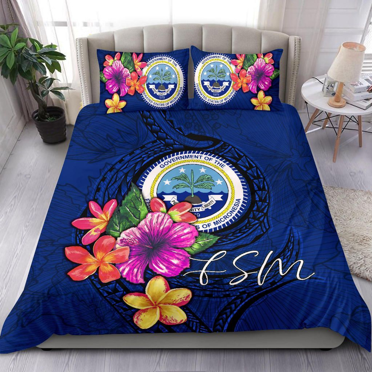 Micronesia Bedding Set - Federated States Of Micronesia Duvet Cover Set Floral With Seal Blue 1