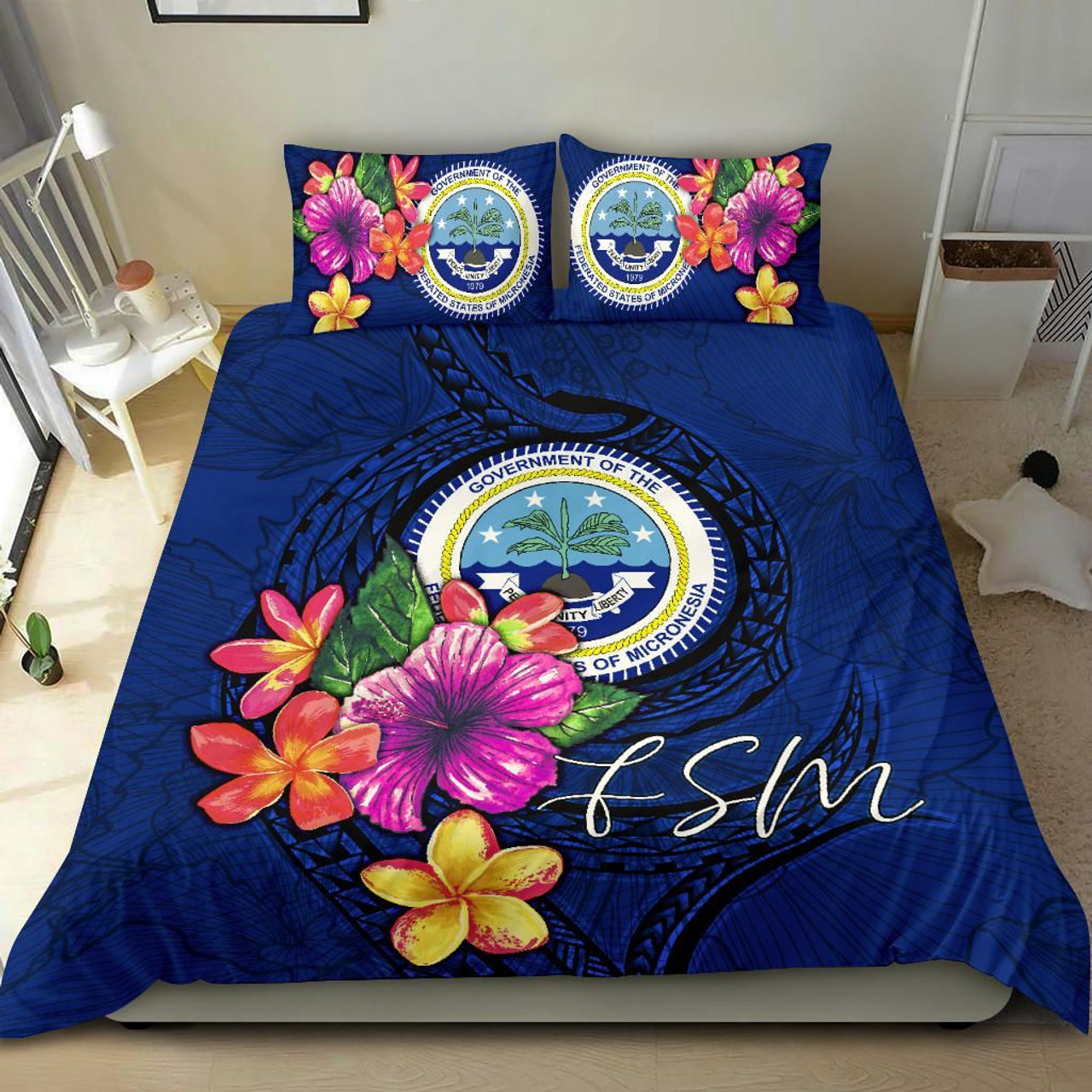 Micronesia Bedding Set - Federated States Of Micronesia Duvet Cover Set Floral With Seal Blue 2