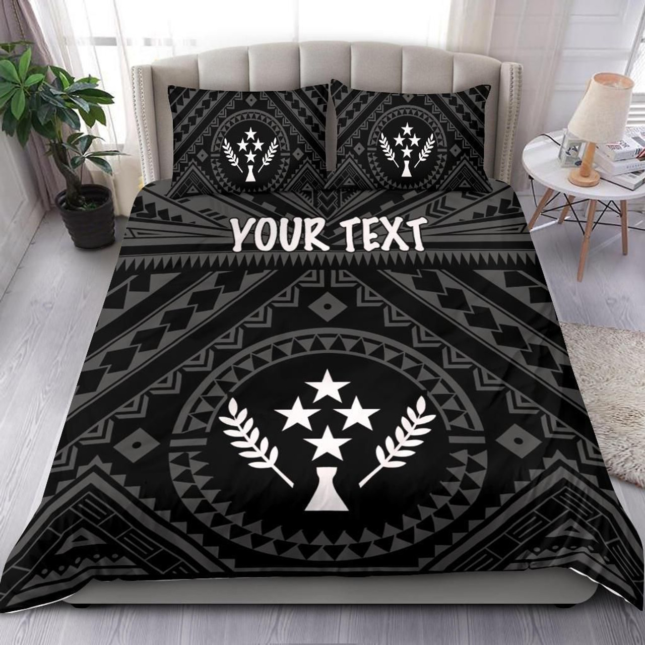 Kosrae Personalised Bedding Set - Kosrae Flag In Polynesian Tattoo Style (Black) 2