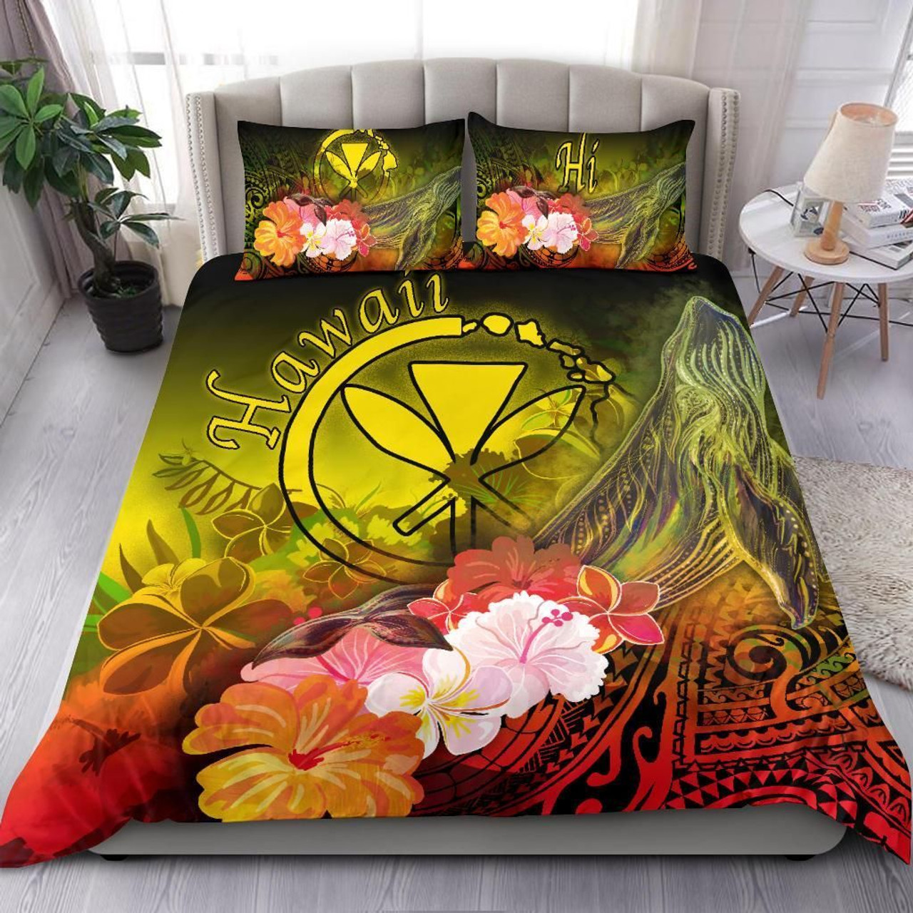 Polynesian Hawaii Bedding Set - Kanaka Maoli Humpback Whale With Tropical Flowers (Yellow) 1