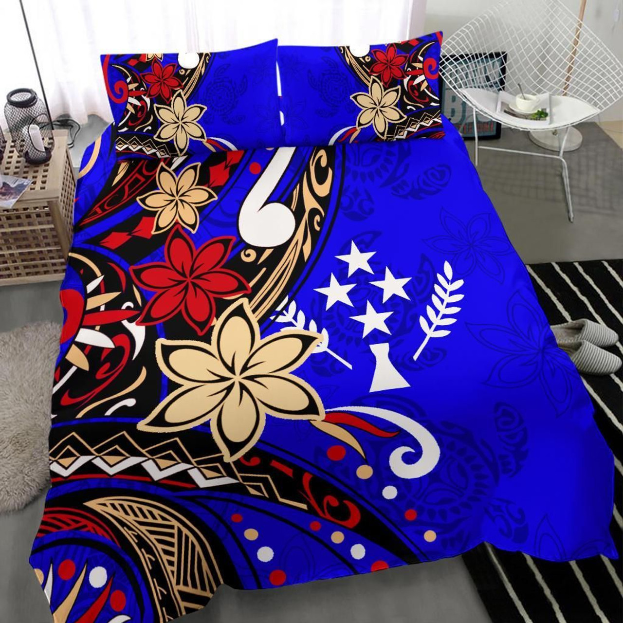 Kosrae Polynesian Bedding Set - Tribal Flower With Special Turtles Blue Color 3