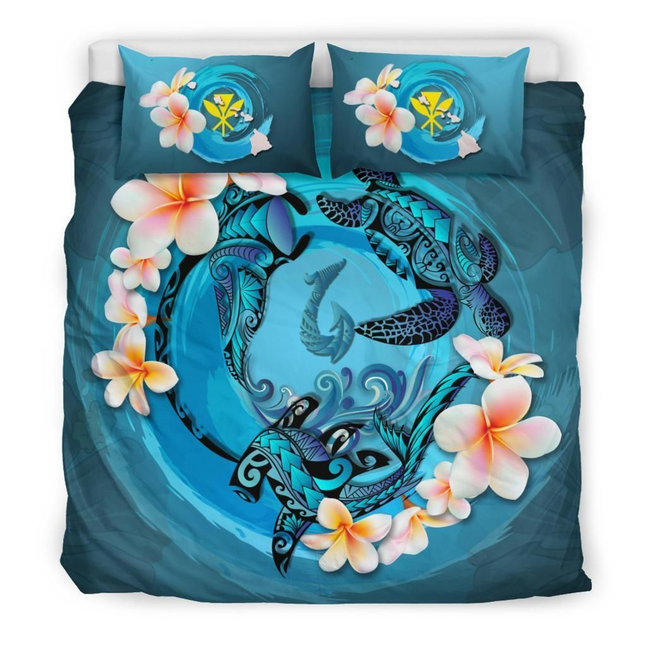 Polynesian Duvet Cover Set - Hawaii Bedding Set Blue Plumeria Animal Turtle Tattoo 1