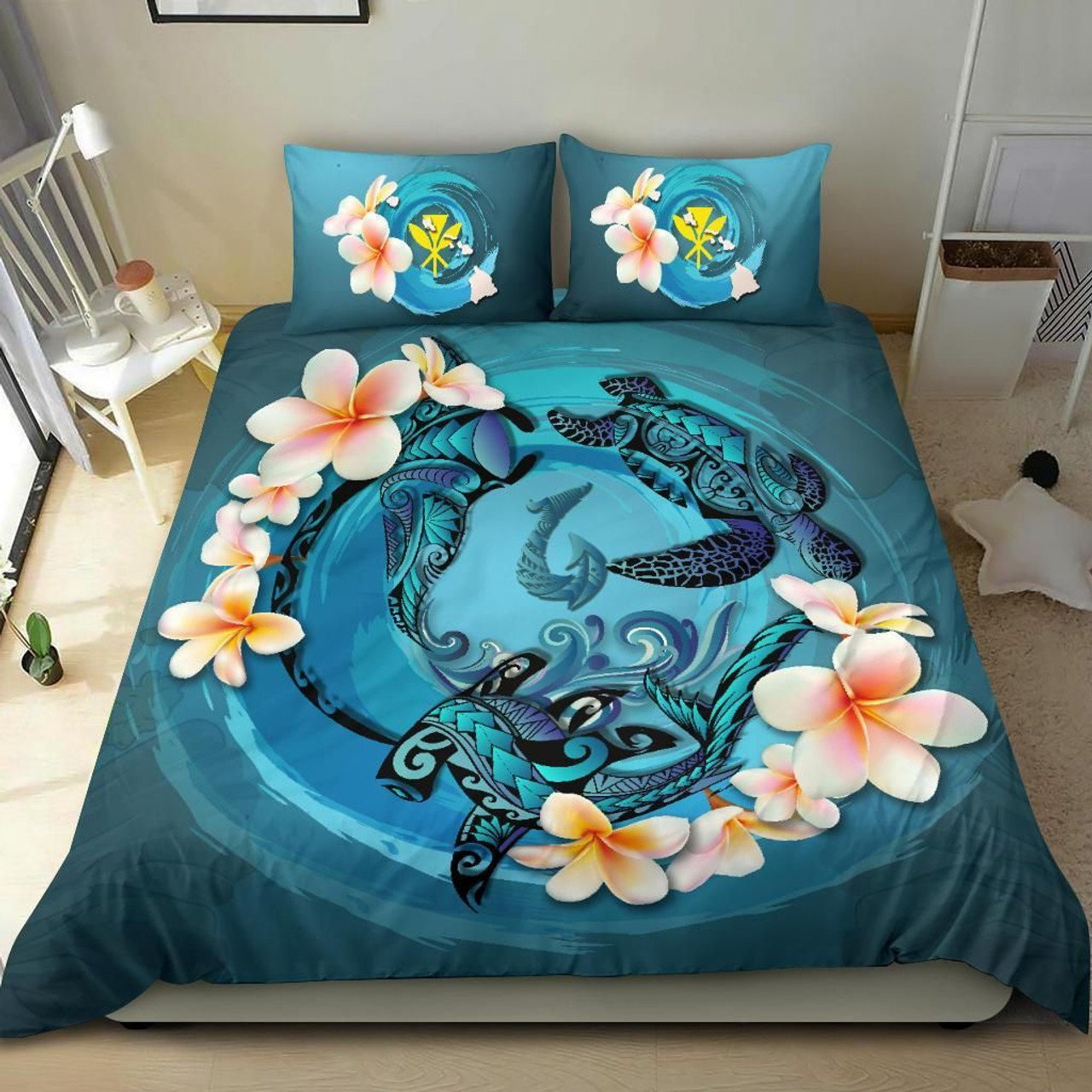 Polynesian Duvet Cover Set - Hawaii Bedding Set Blue Plumeria Animal Turtle Tattoo 3
