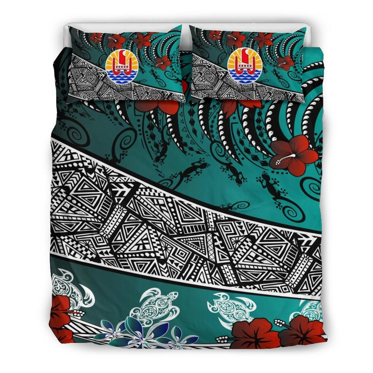 Papua Polynesian Bedding Set - Tribal Flower With Special Turtles Blue Color 5