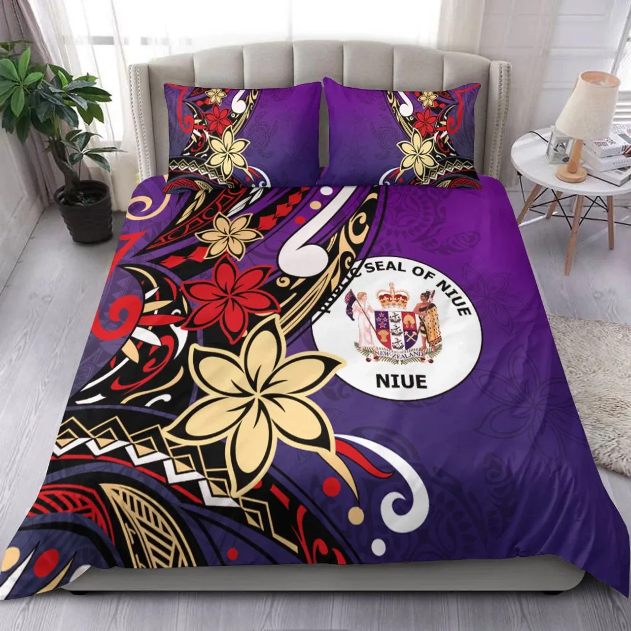 Niue Bedding Set - Tribal Flower With Special Turtles Purple Color 1