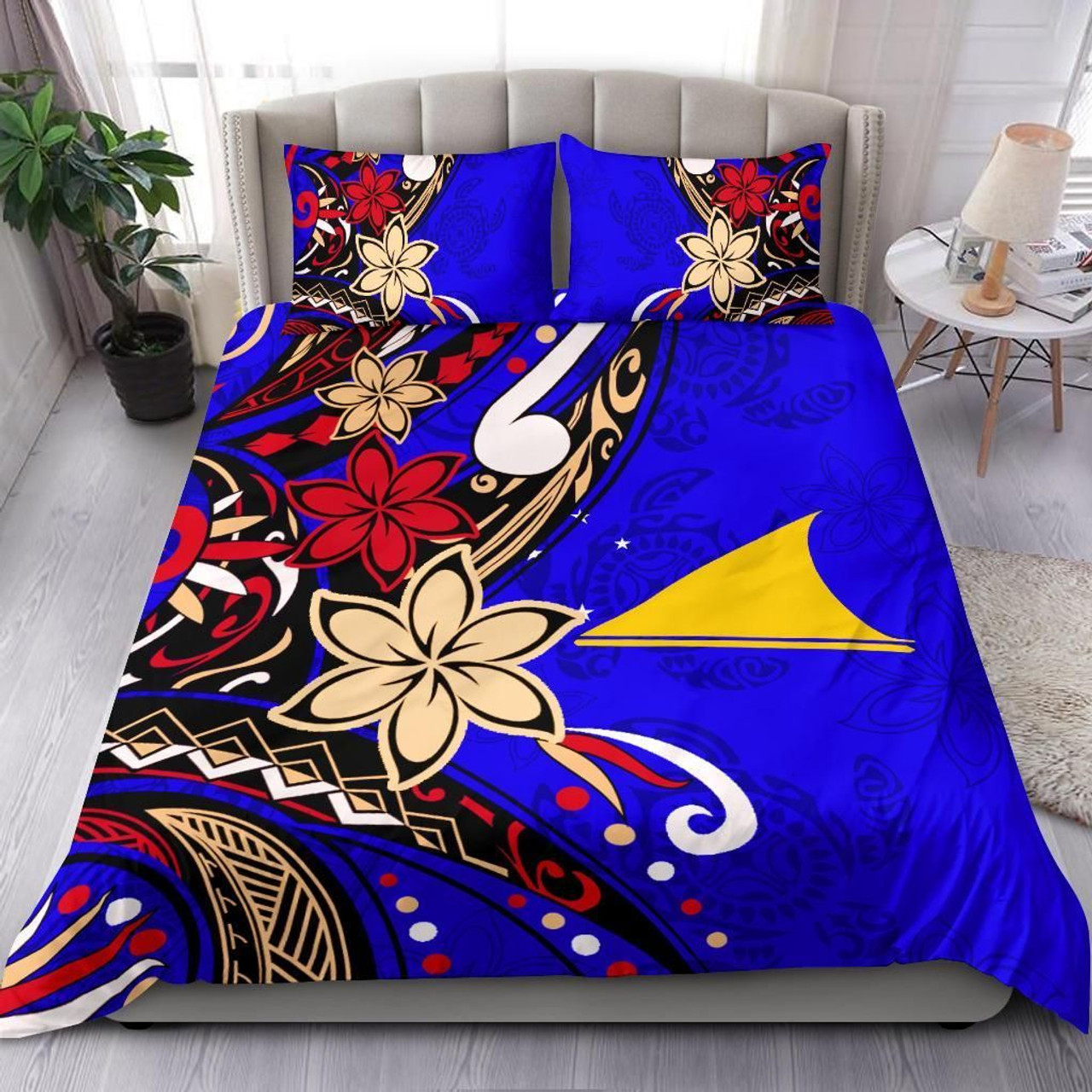 Tokelau Polynesian Bedding Set - Tribal Flower With Special Turtles Blue Color 2