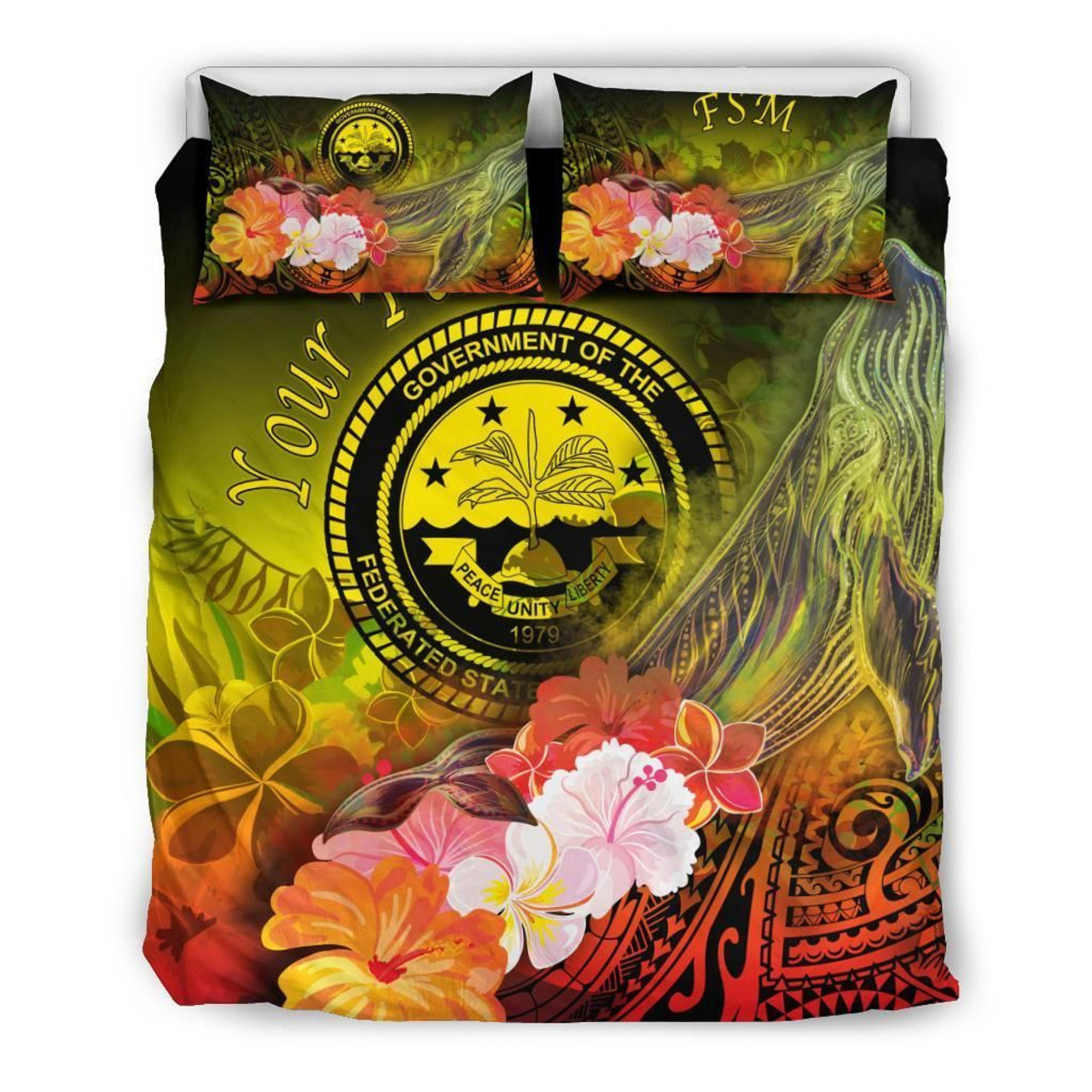 Federated States Of Micronesia Custom Personalised Bedding Set - Humpback Whale With Tropical Flowers (Yellow) 3