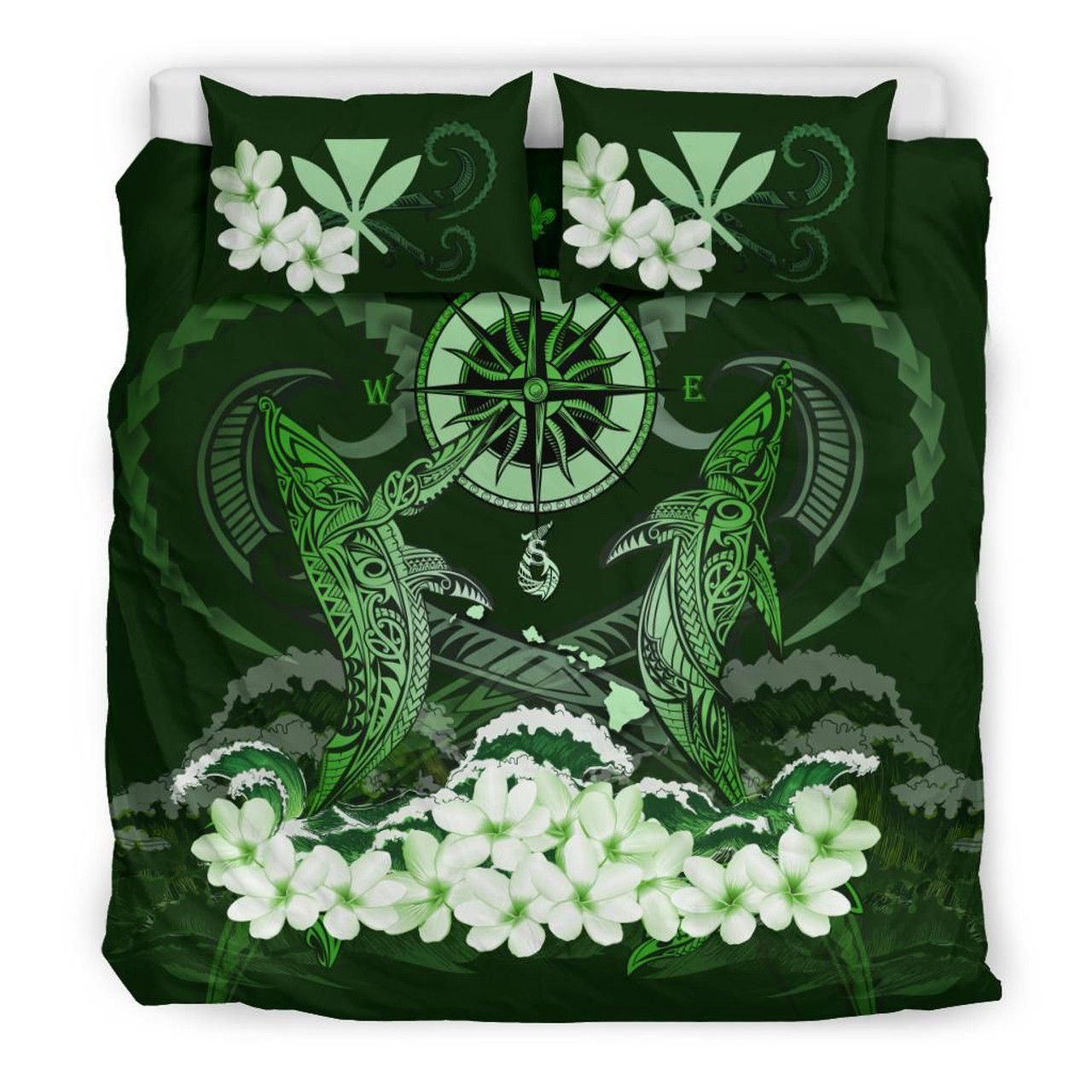 Polynesian Duvet Cover Set - Hawaii Bedding Set Shark Polynesia Compass Plumeria Green 1