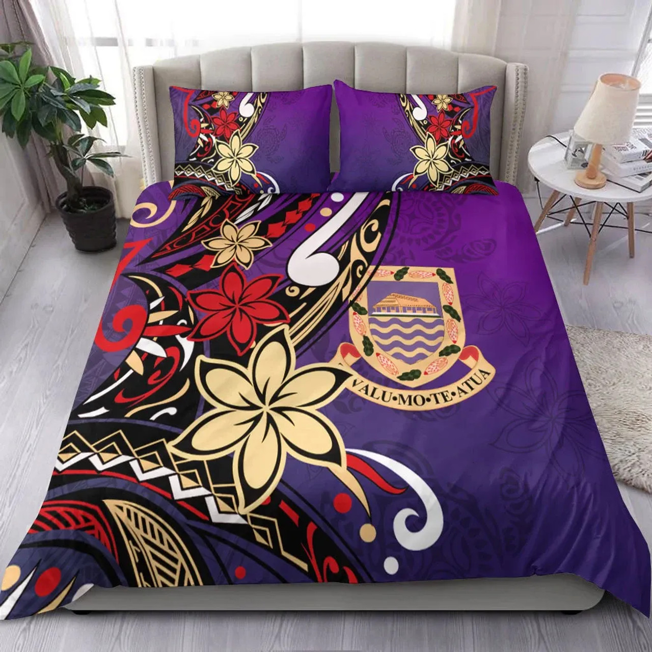 Tuvalu Polynesian Bedding Set - Tribal Flower With Special Turtles Purple Color 1