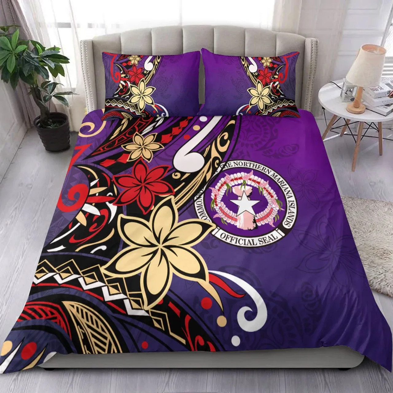 Northern Mariana Bedding Set - Tribal Flower With Special Turtles Purple Color 1