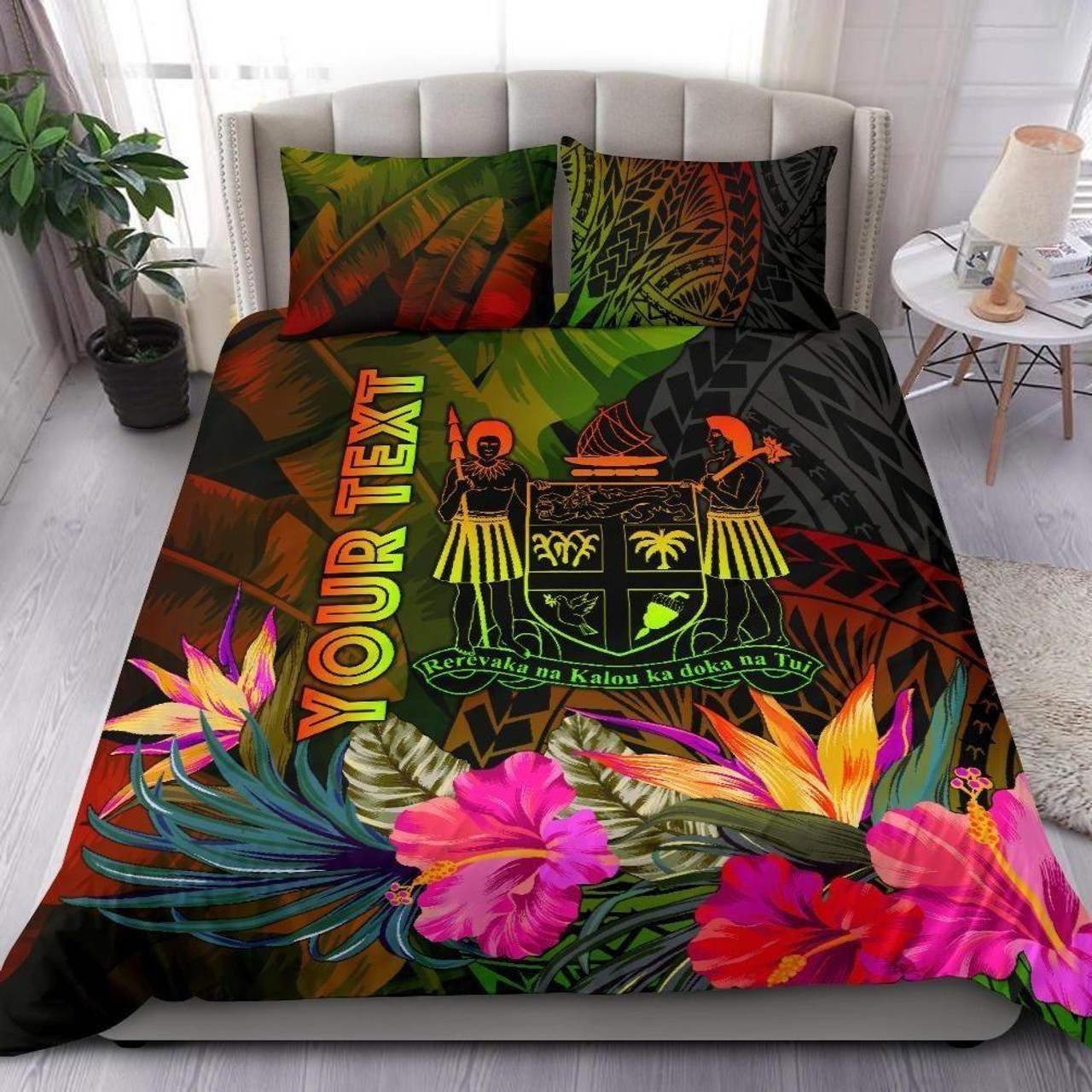 Fiji Polynesian Personalised Bedding Set - Hibiscus And Banana Leaves 1