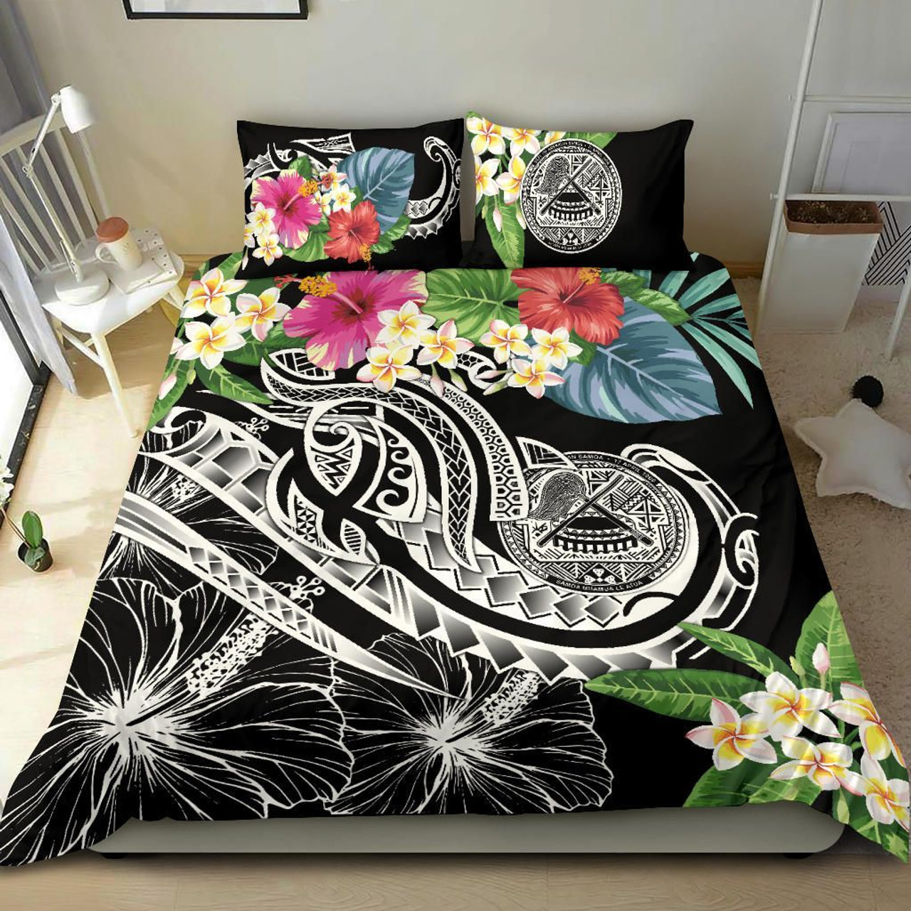 Polynesian American Samoa Bedding Set - Summer Plumeria (Black) 1