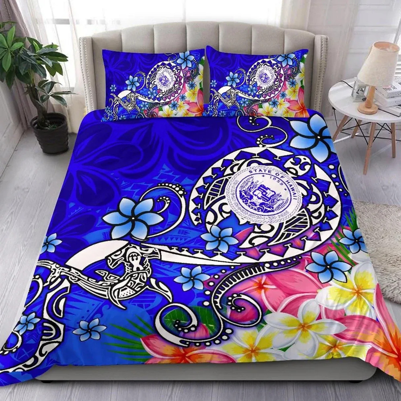 Hawaii Polynesian Bedding Set - Hawaii Seal With Turtle Plumeria (Blue) 1