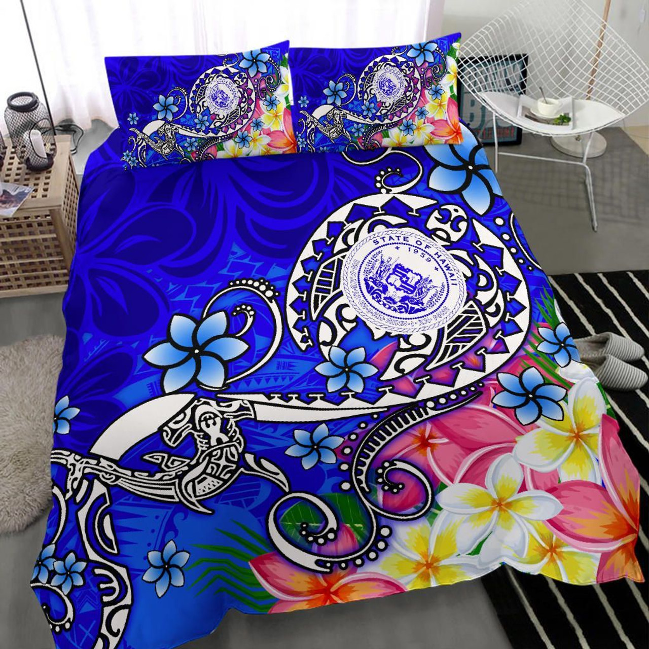 Polynesian Bedding Set - Hawaii Duvet Cover Set Floral With Seal Neon Blue 6