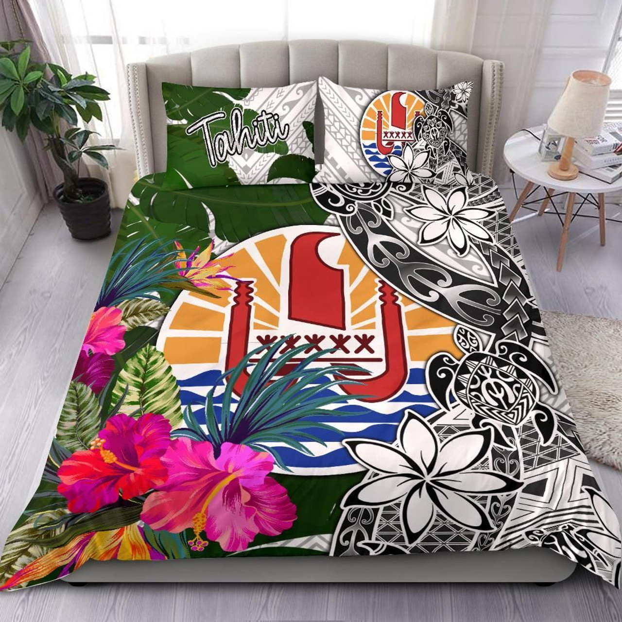 Tahiti Bedding Set White - Turtle Plumeria Banana Leaf 1