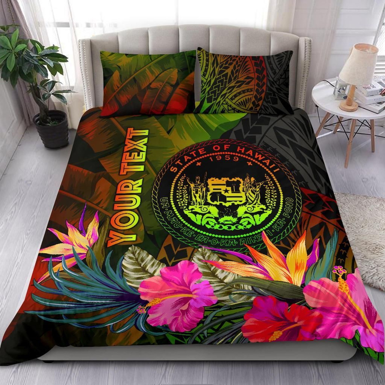 Polynesian Hawaii Polynesian Personalised Bedding Set - Hibiscus And Banana Leaves 1