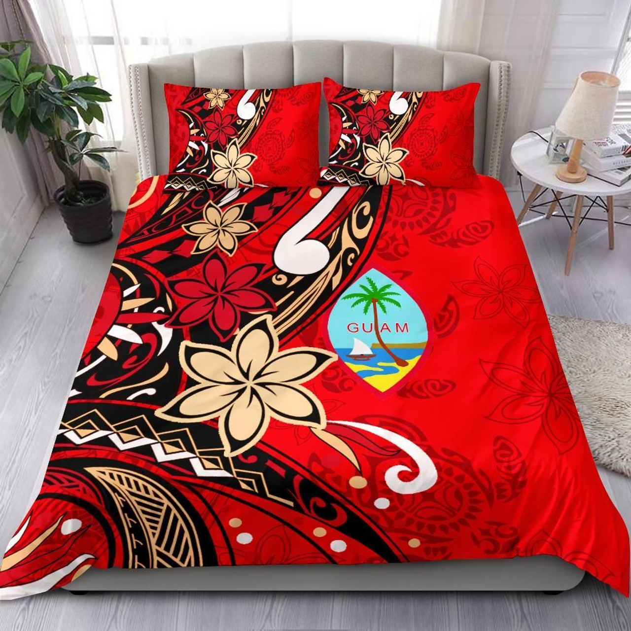 Guam Bedding Set - Tribal Flower With Special Turtles Red Color 2