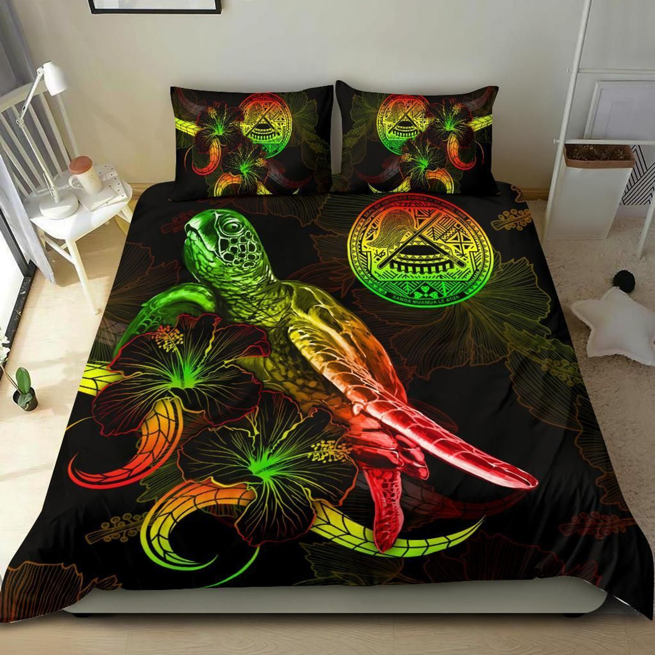 American Samoa Polynesian Bedding Set - Turtle With Blooming Hibiscus Reggae 2