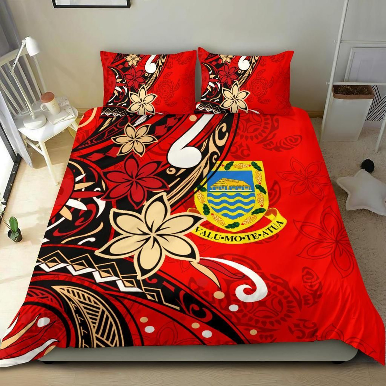 Tuvalu Polynesian Bedding Set - Tribal Flower With Special Turtles Red Color 1