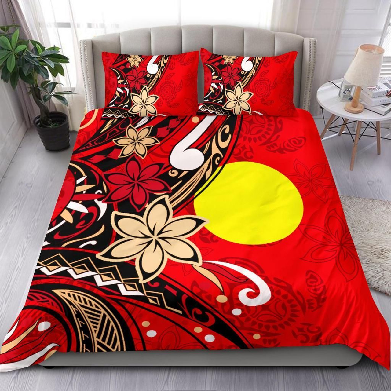 Palau Polynesian Bedding Set - Tribal Flower With Special Turtles Red Color 2