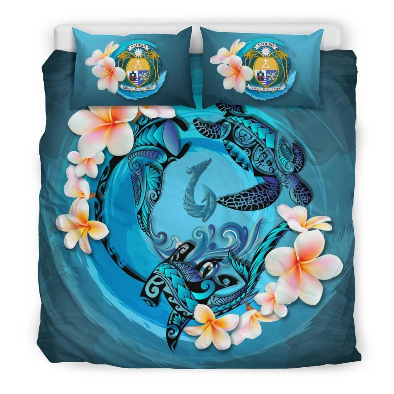 Polynesian Duvet Cover Set - Nauru Bedding Set Blue Plumeria Animal Tattoo 1