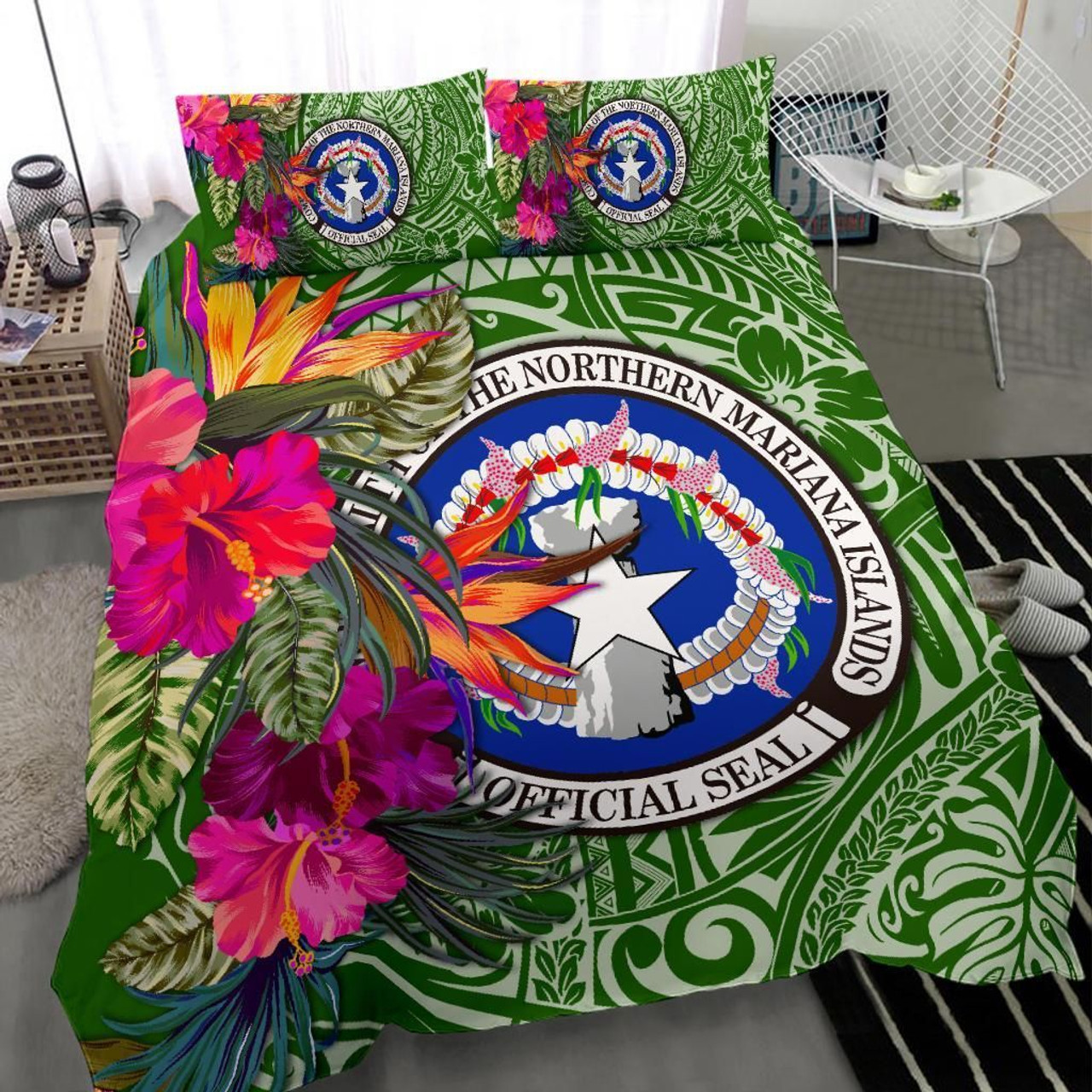 Northern Mariana Islands Bedding Set - Saipan Hibiscus Polynesian Pattern Green Version 1