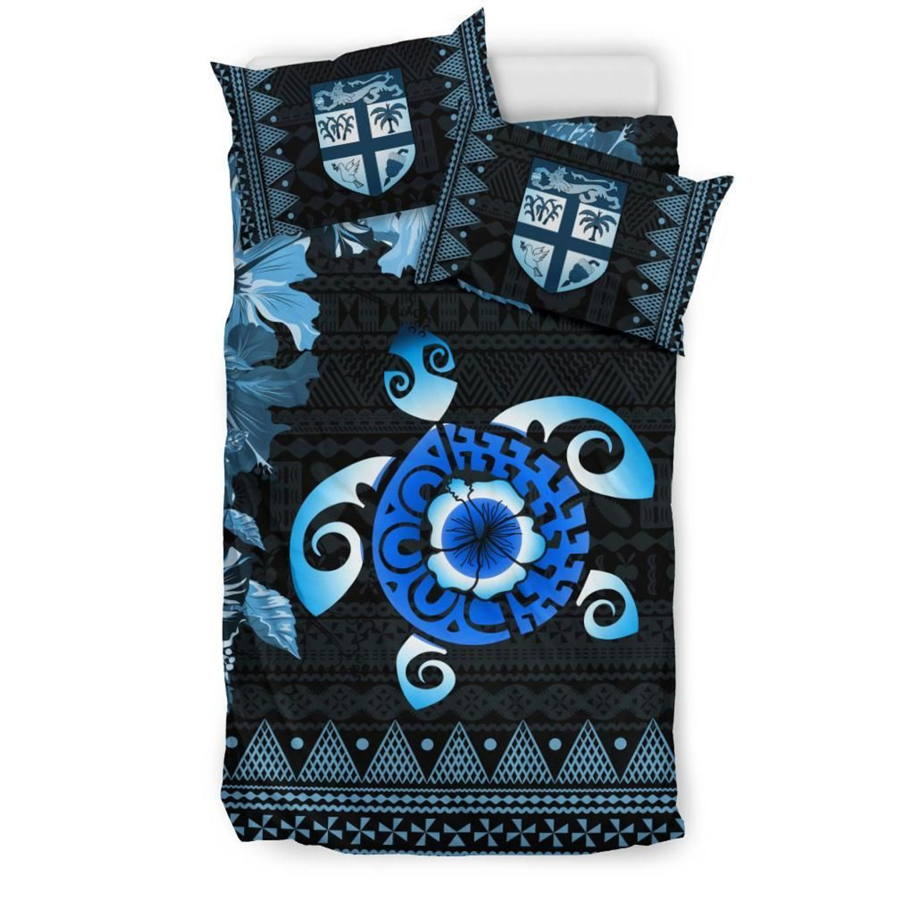 Polynesian Duvet Cover Set - Fiji Bedding Set Tapa Turtle Hibiscus Blue 3
