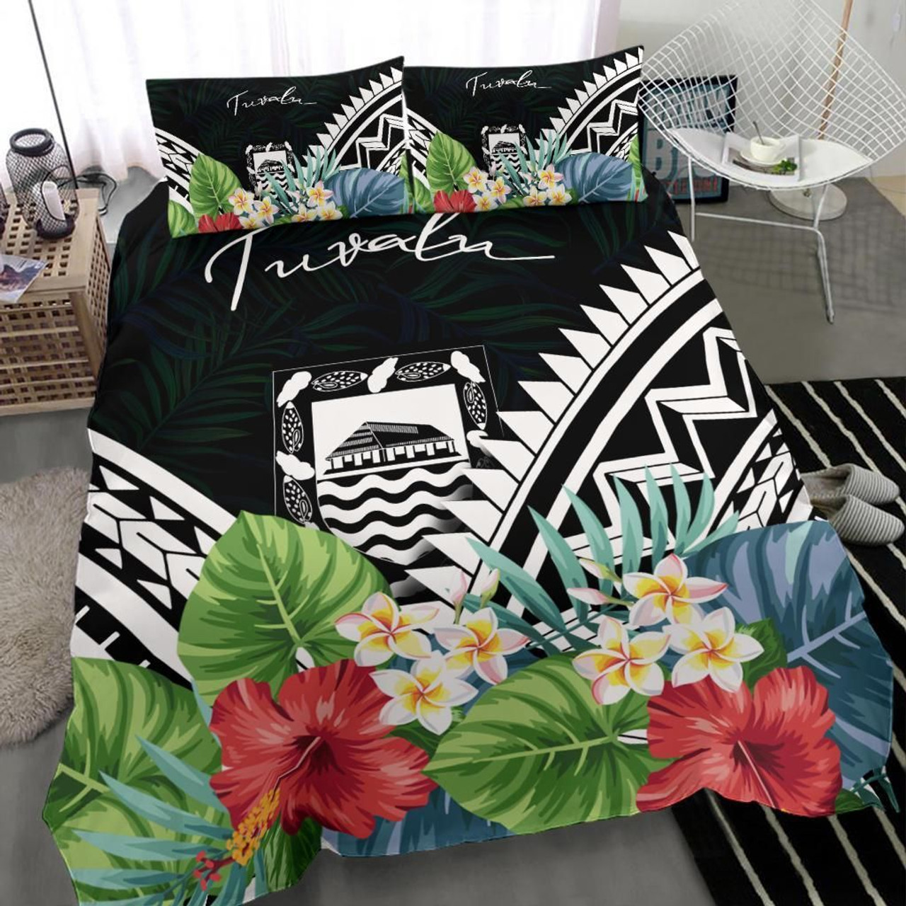 Tuvalu Bedding Set - Tuvalu Coat Of Arms & Polynesian Tropical Flowers White 3