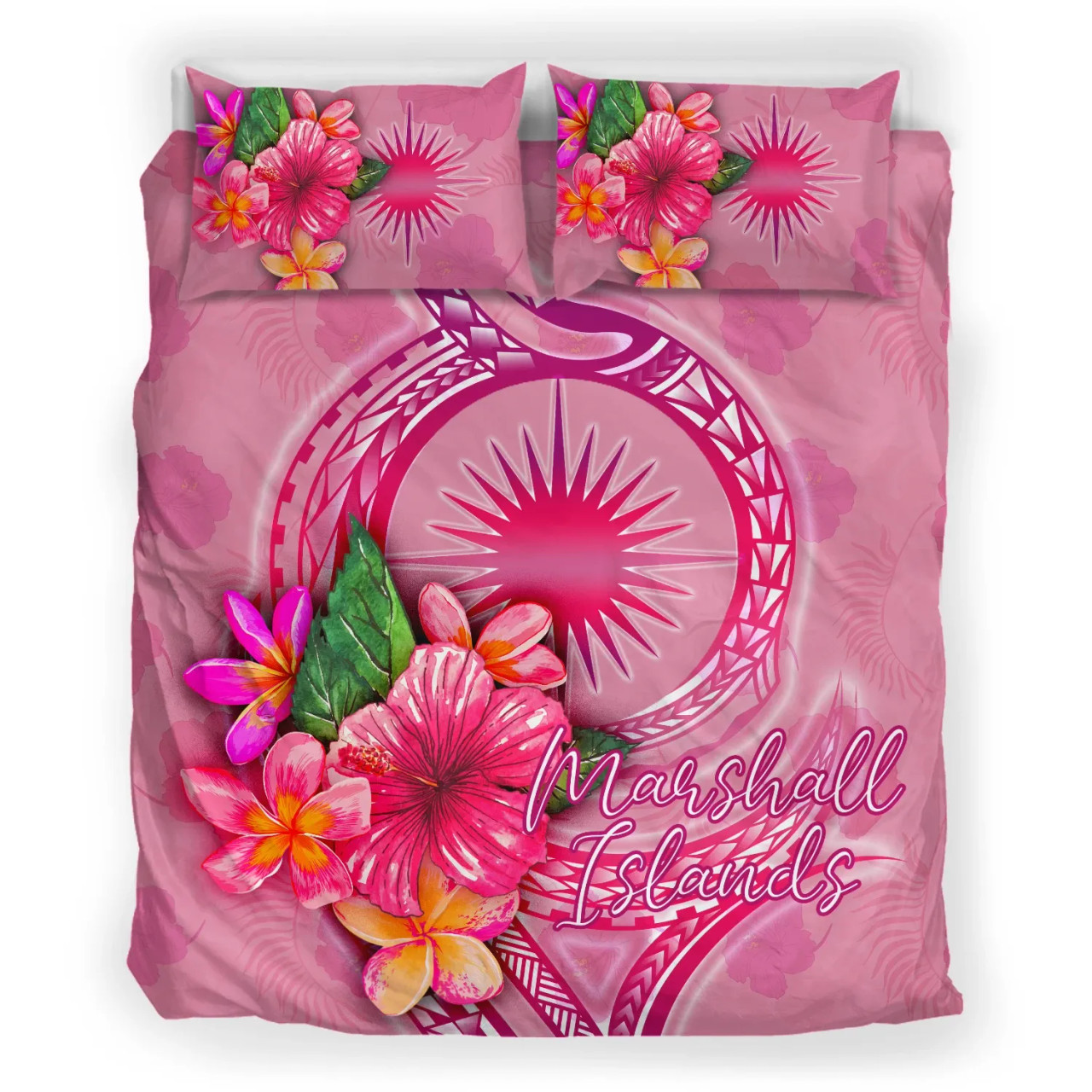 Hawaii Bedding Set - Hawaii Coat Of Arms & Polynesian Tropical Flowers White 4