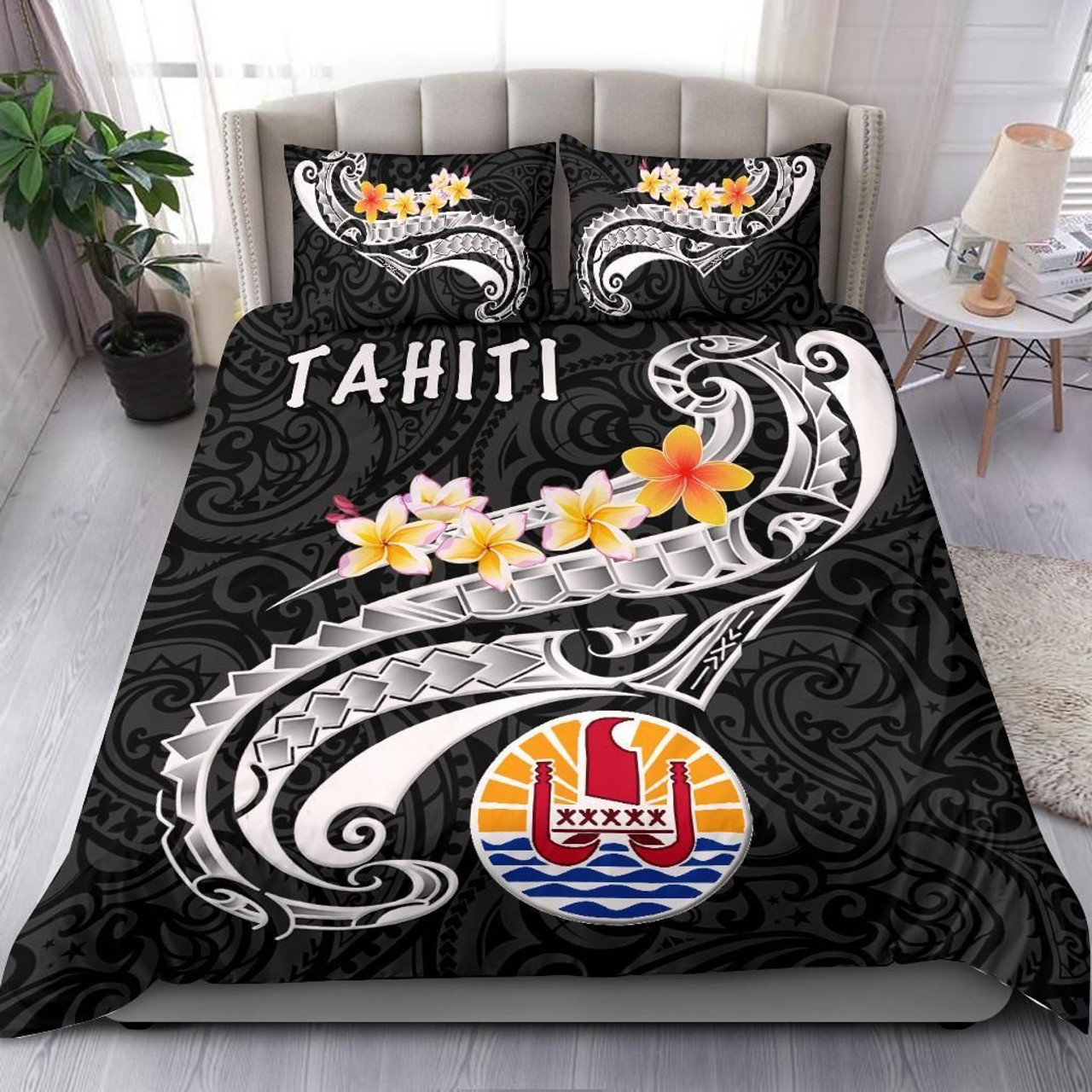 Tahiti Bedding Set - Tahiti Seal Polynesian Patterns Plumeria (Black) 1