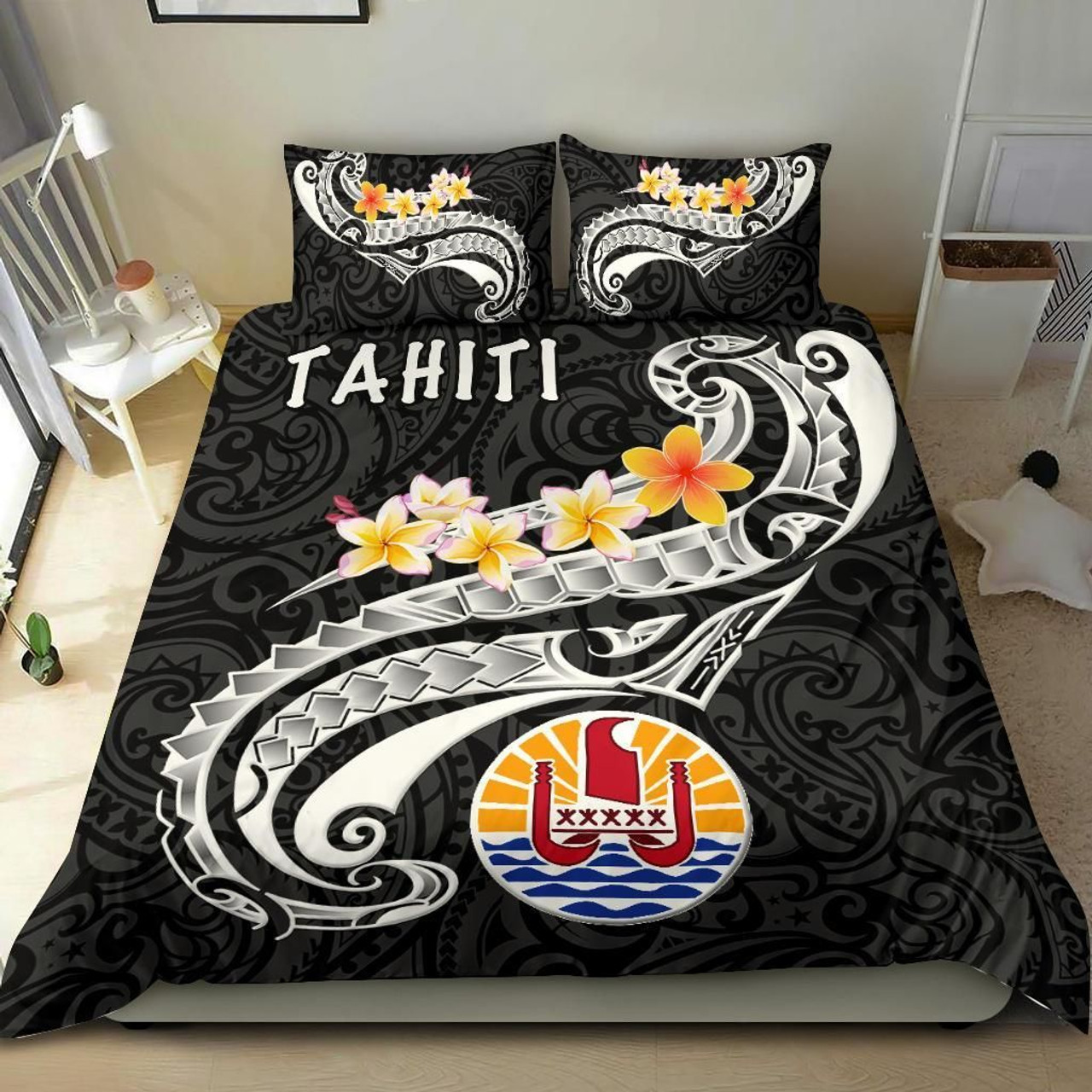 Tahiti Bedding Set - Tahiti Seal Polynesian Patterns Plumeria (Black) 2