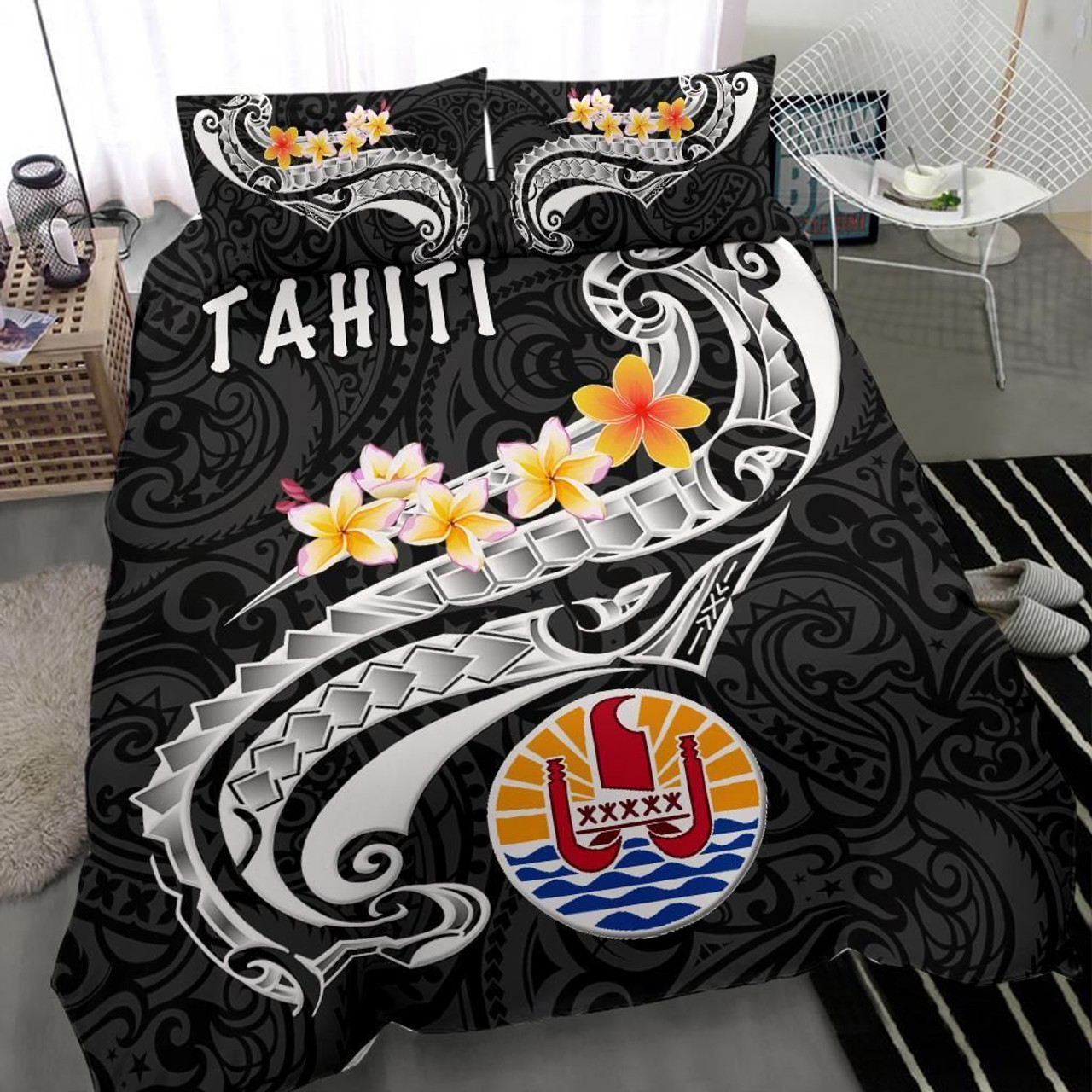 Tahiti Bedding Set - Tahiti Seal Polynesian Patterns Plumeria (Black) 3