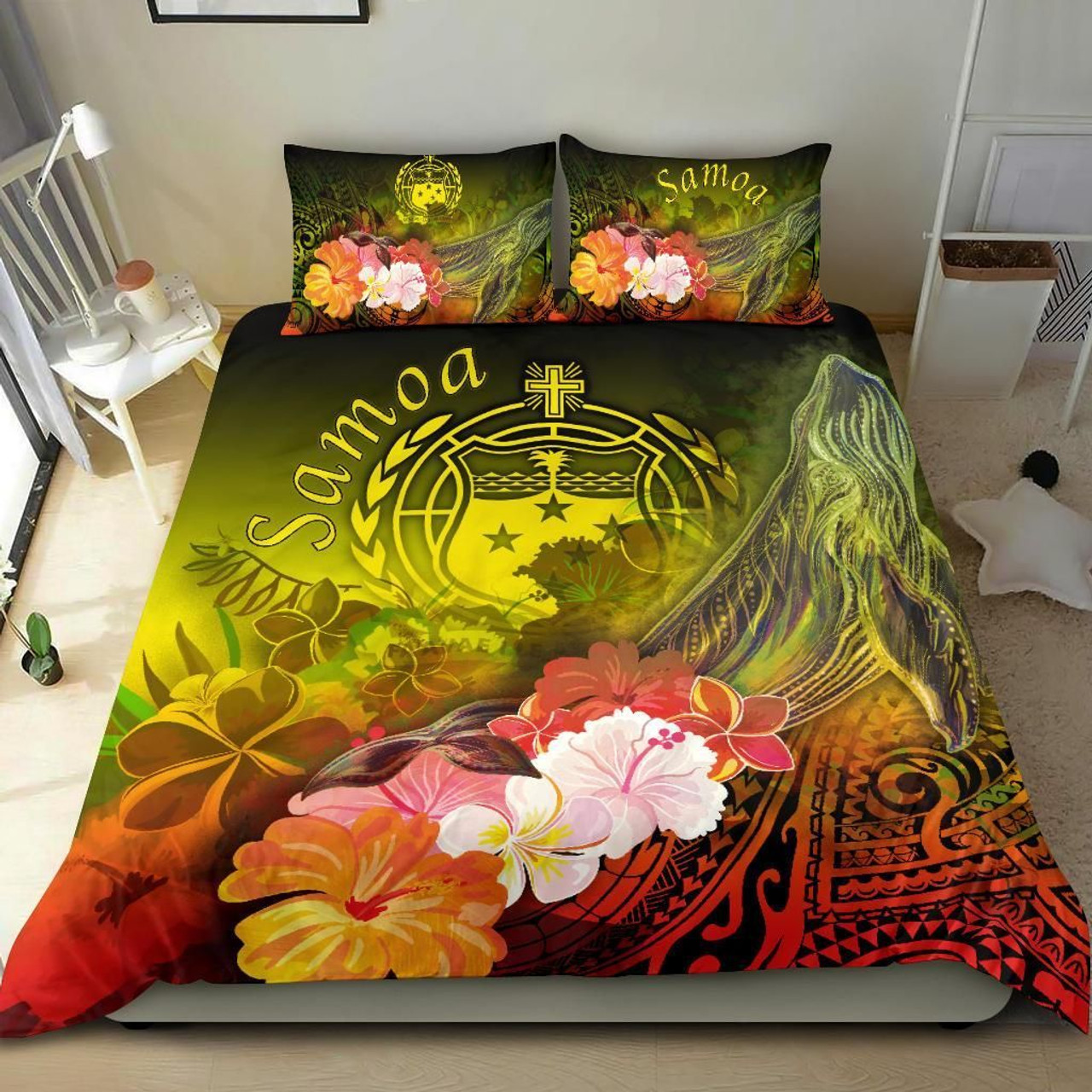 Samoa Bedding Set- Humpback Whale With Tropical Flowers (Yellow) 1