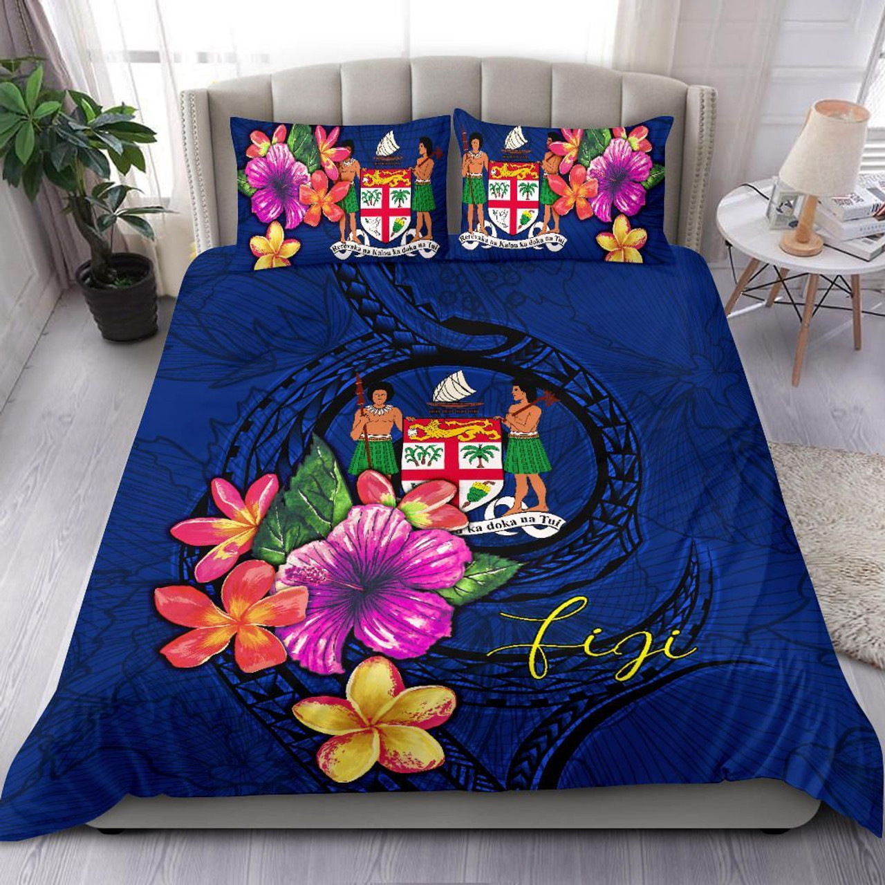 Polynesian Bedding Set - Fiji Duvet Cover Set Floral With Seal Blue 1